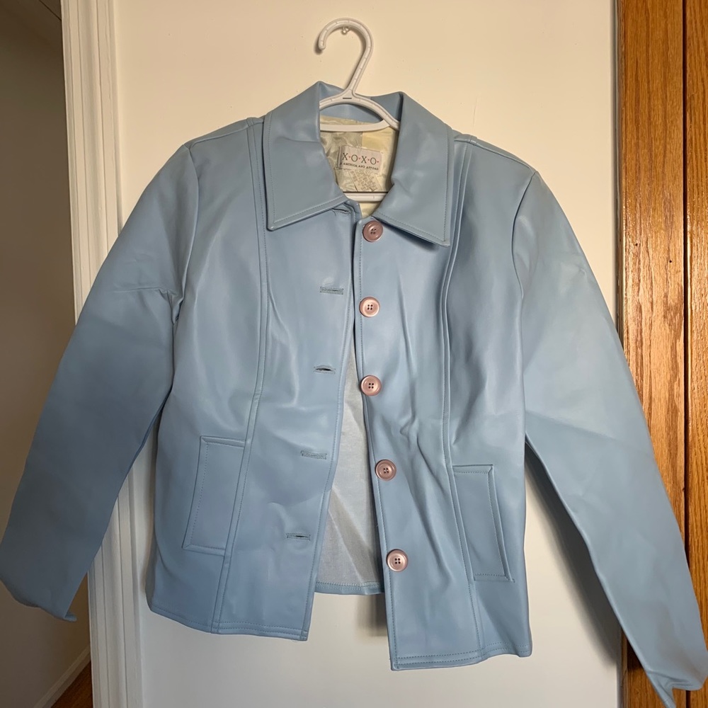 Barbie pastel blue pleather jacket w pink buttons